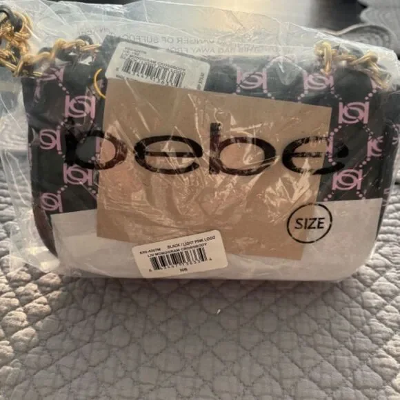 Bebe Liv Logo Monogram Crossbody Black Light Pink Gold Chain NWT - Picture 9 of 10
